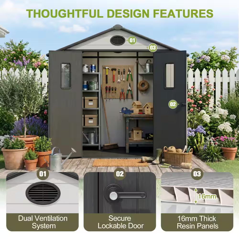 8 X 8 Ft. Gray Plastic Storage Shed Outdoor Resin Storage Cabinet Room with Lockable Door Air Vent Gable Roof for Patio