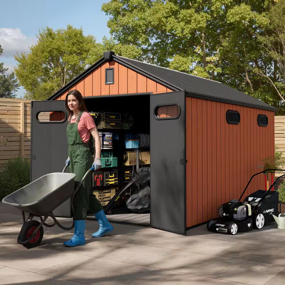 Brown 12 Ft. X 8 Ft. Outdoor Resin Storage Shed with Floor and Windows All-Weather Plastic Garden Tool Shed 96 Sq. Ft.