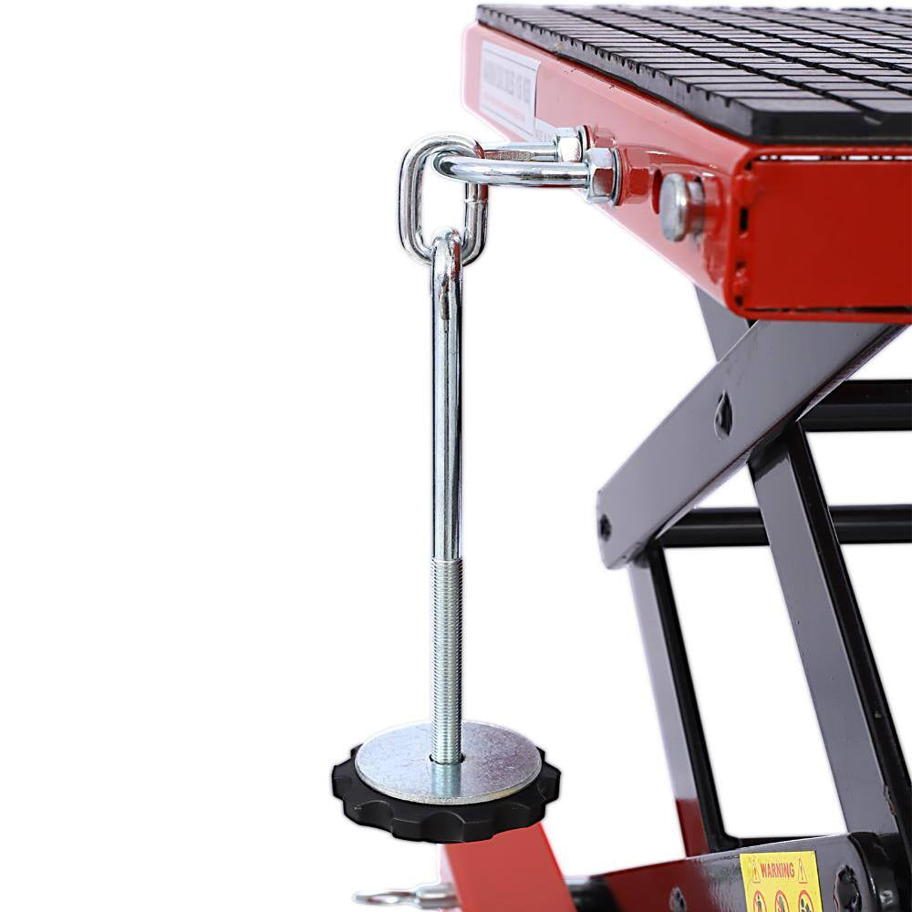 300 Lbs Hydraulic Motorcycle Scissor Jack Lift with Foot Step and Wheels, Red, Suitable for Small Dirt Bikes