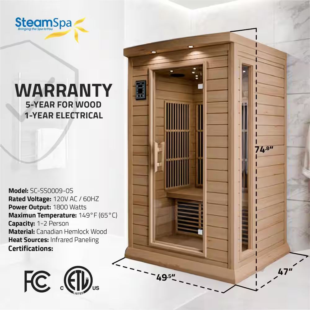2-Person Indoor Hemlock Wood Infrared Sauna with Touch Control Panel, Bluetooth and LED Lights