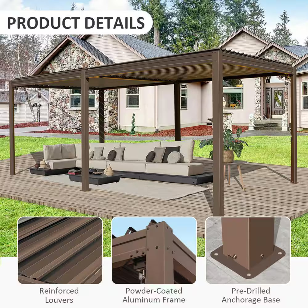 10 Ft. X 20 Ft. Brown Aluminum Metal Louvered Pergola