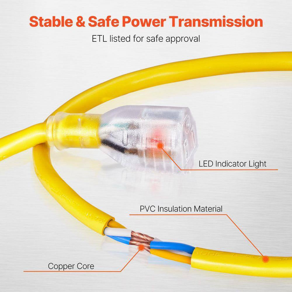 100 Ft. Heavy Duty Extension Cord 12AWG 15 Amp 125-Volts 1875W Generator Extension Cord with Lighted End Flexible