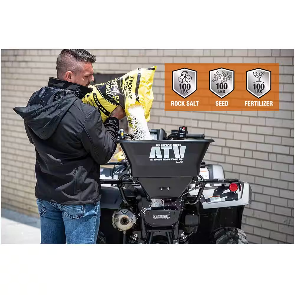 100 Lbs. Capacity ATV Mounted All Purpose Broadcast Spreader for Rock Salt, Feed, Seed and Fertilizer