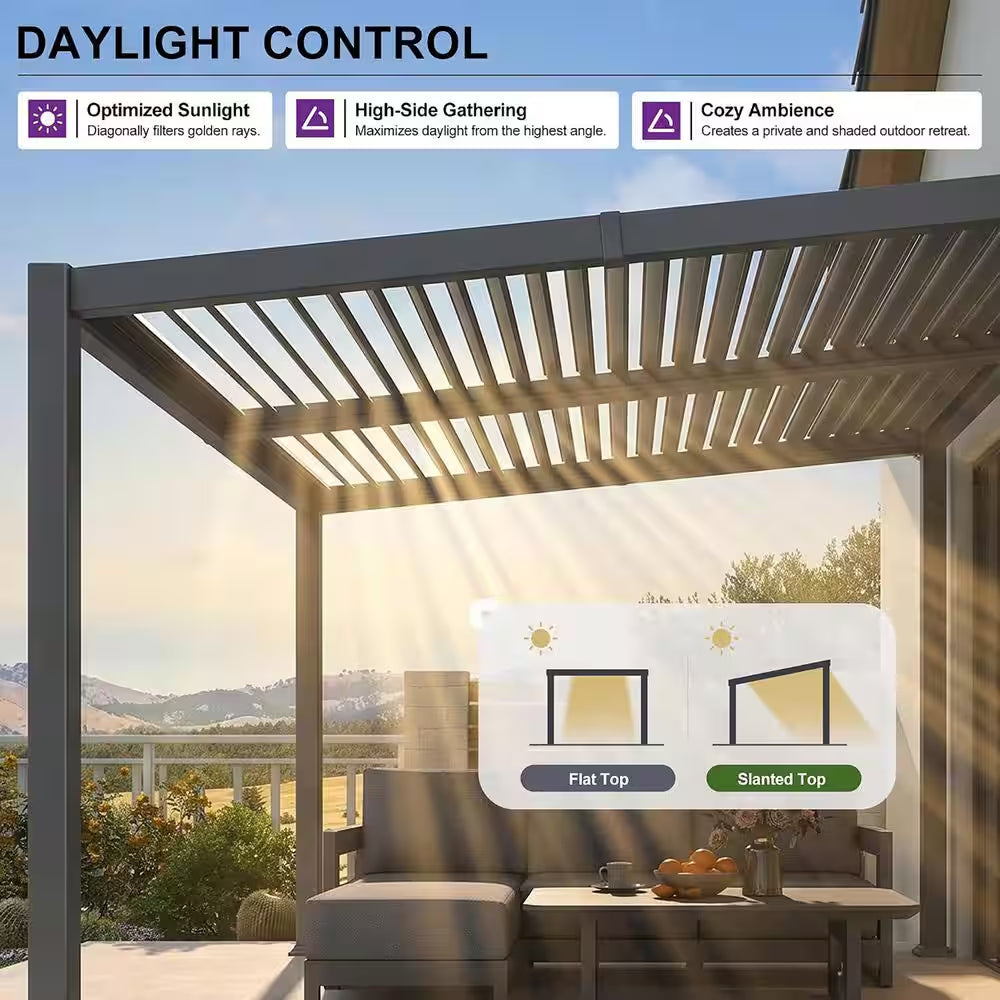 10 Ft. X 20 Ft. Grey Aluminum Outdoor Sloping Roof Louvered Pergola with Individual Adjustable Sunshade Roofs