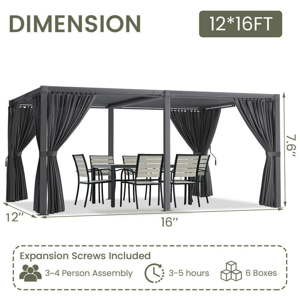 12 Ft. X 16 Ft. Gray Aluminum Louvered Pergola with Steel Roof and Curtains