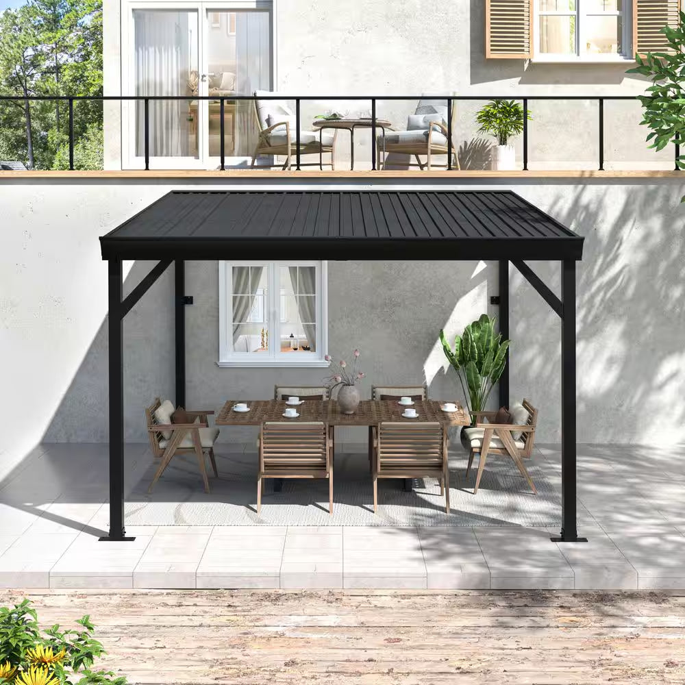 14 Ft. X 10 Ft. Metal Patio Covers with Sloped Roof Wall-Mount Gazebo Pergola