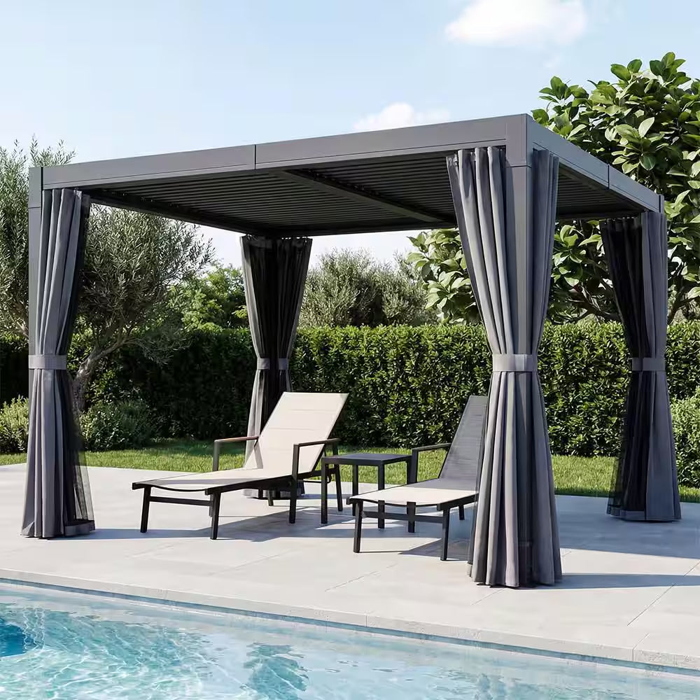 10 Ft. X 10 Ft. Grey All-Aluminum Outdoor Louvered Pergola with Adjustable Roof, Curtains and Netting