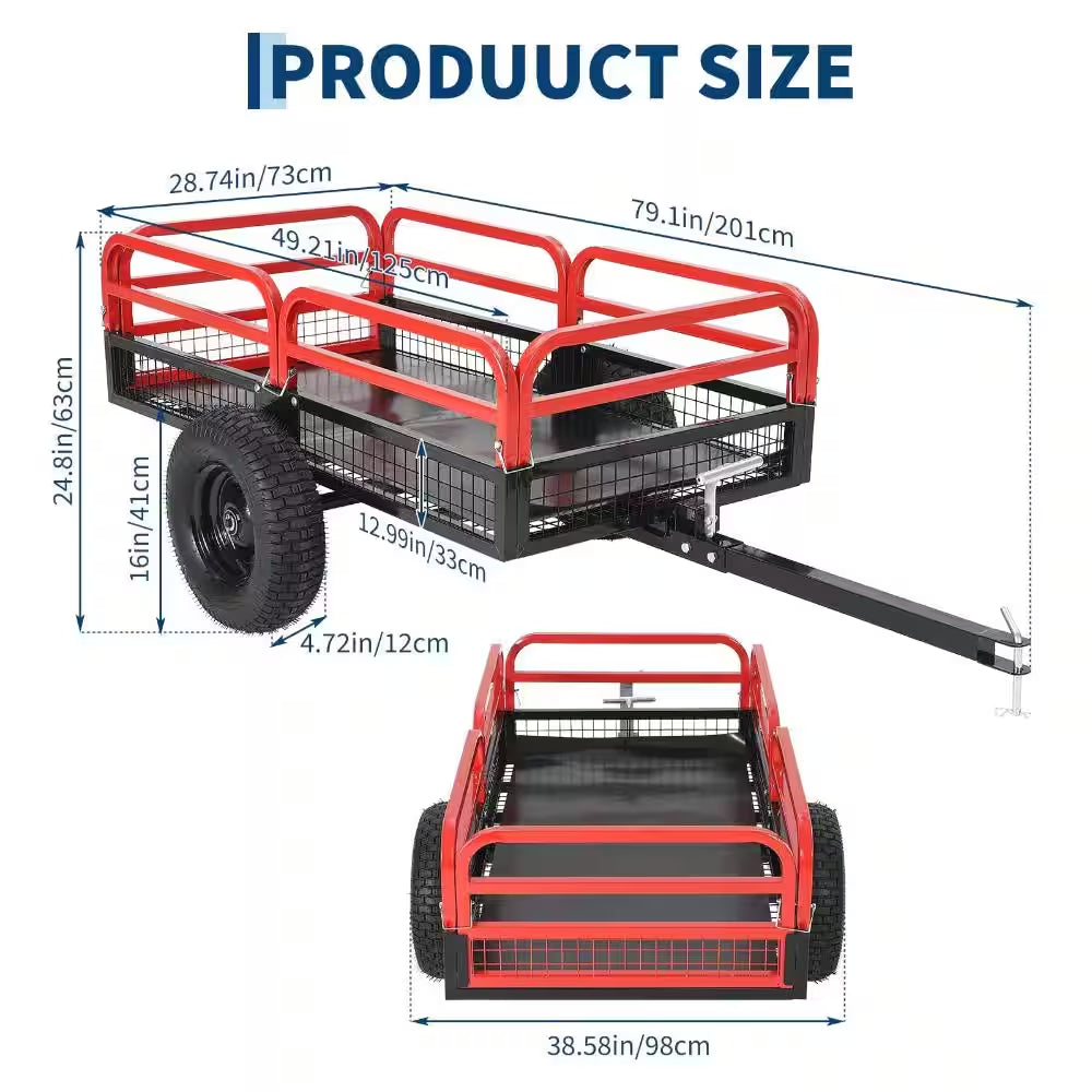1500 Lb. 15 Cu. Ft. Heavy-Duty Steel Tow-Behind Dump Cart with Removable Sides and Pneumatic Tires, Red