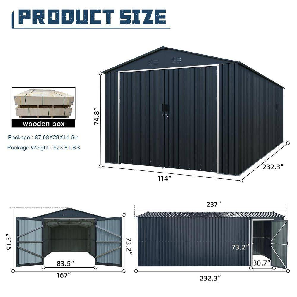 20 Ft.W X 10 Ft.D Outdoor Metal Storage Shed, Utility Tool House with 2 Doors, 4 Vents for Car,Truck, Gray (235 Sq. Ft.)