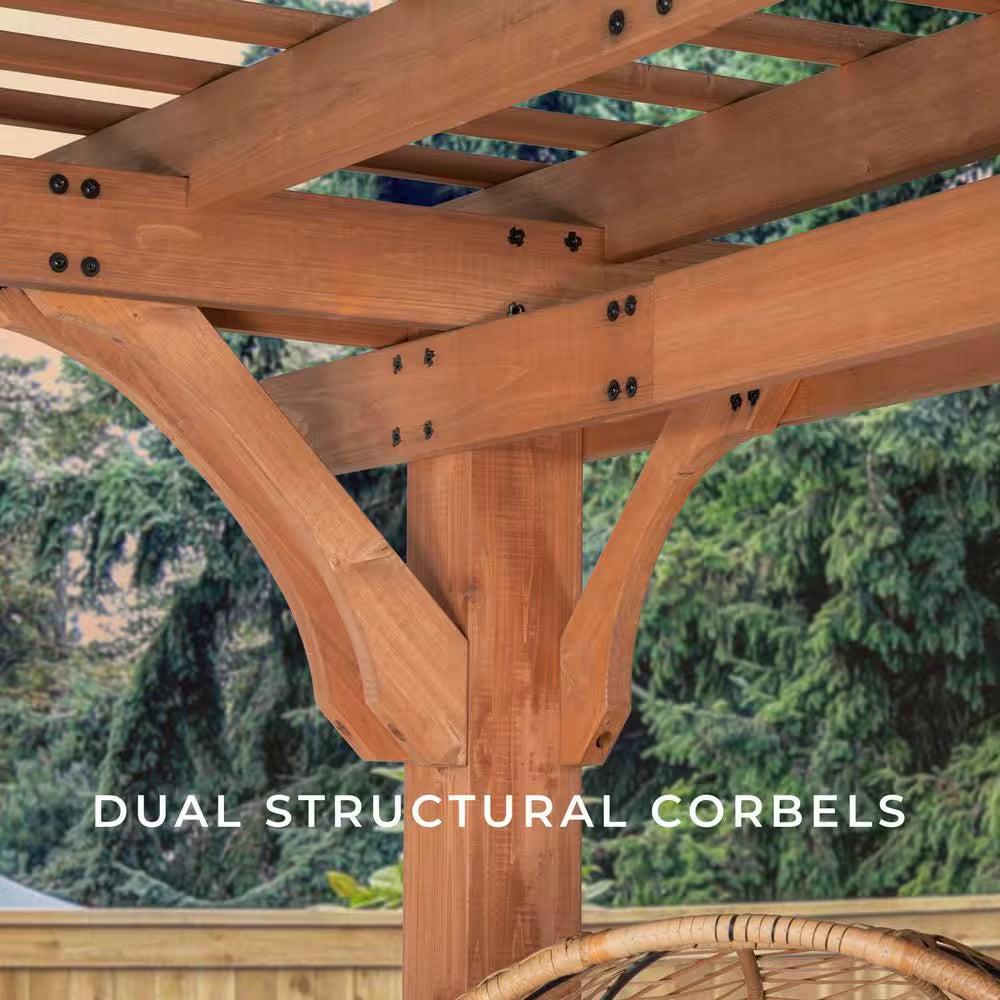 Beaumont 14 Ft. X 12 Ft. Light Brown Traditional Outdoor All Cedar Wood Patio Pergola Shade Structure with Electric