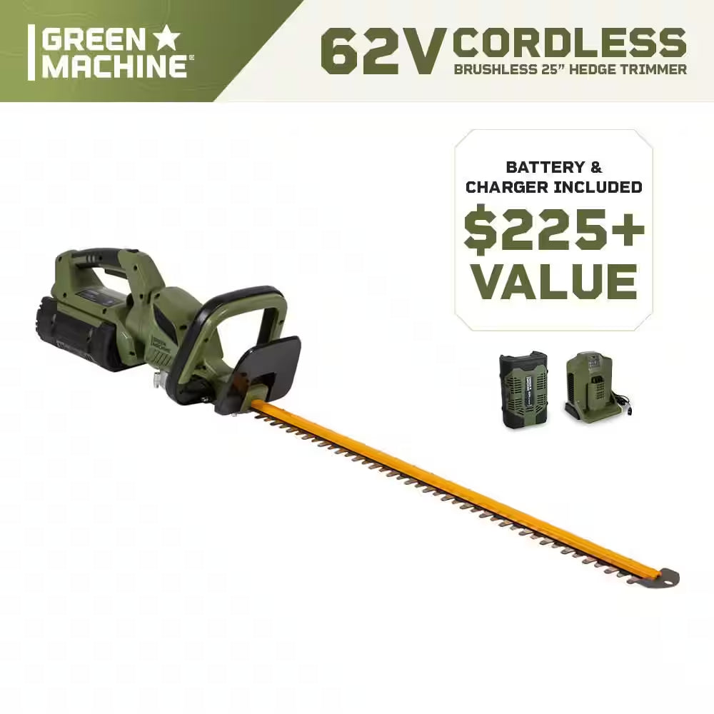 62V Brushless 25In. Cordless Battery Push Start Hedge Trimmer with Rotating Handle and 2.5 Ah Batter and Rapid Charger