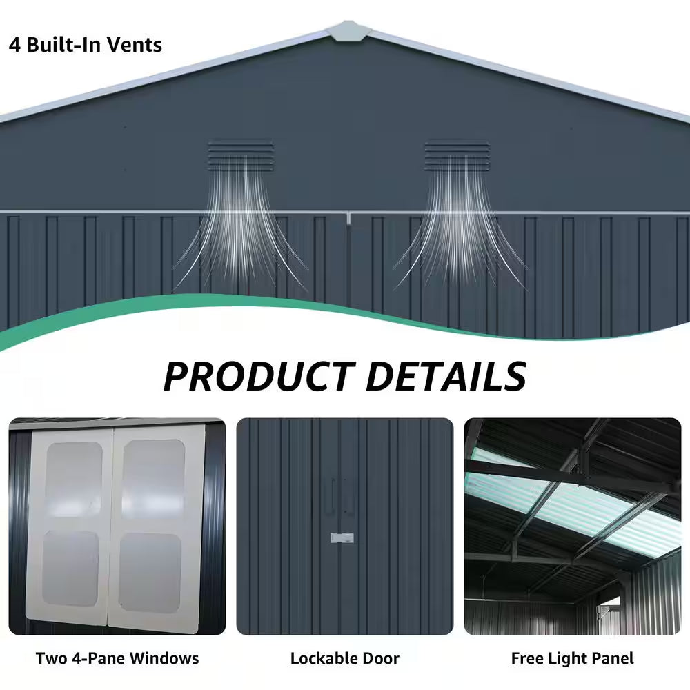 Vera 13 Ft. W X 20 Ft. D Dark Gray Metal Large Outdoor Storage Shed Garage Shed with Windows, Air Vents (238.59 Sq. Ft.)