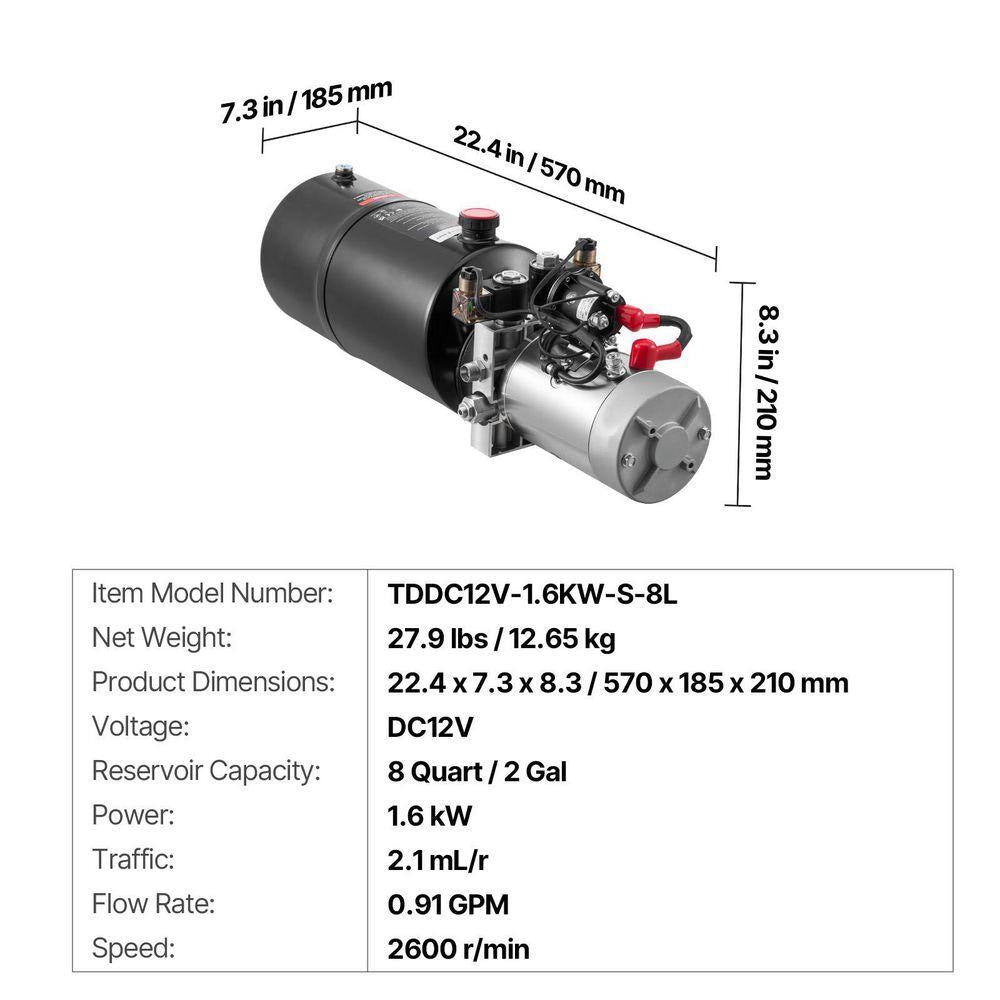 8 Qt. Hydraulic Power Unit, Double Acting Dump Trailer Pump, 3200 PSI Max Relief Pressure, 0.91 GPM Flow Rate DC 12-Volt