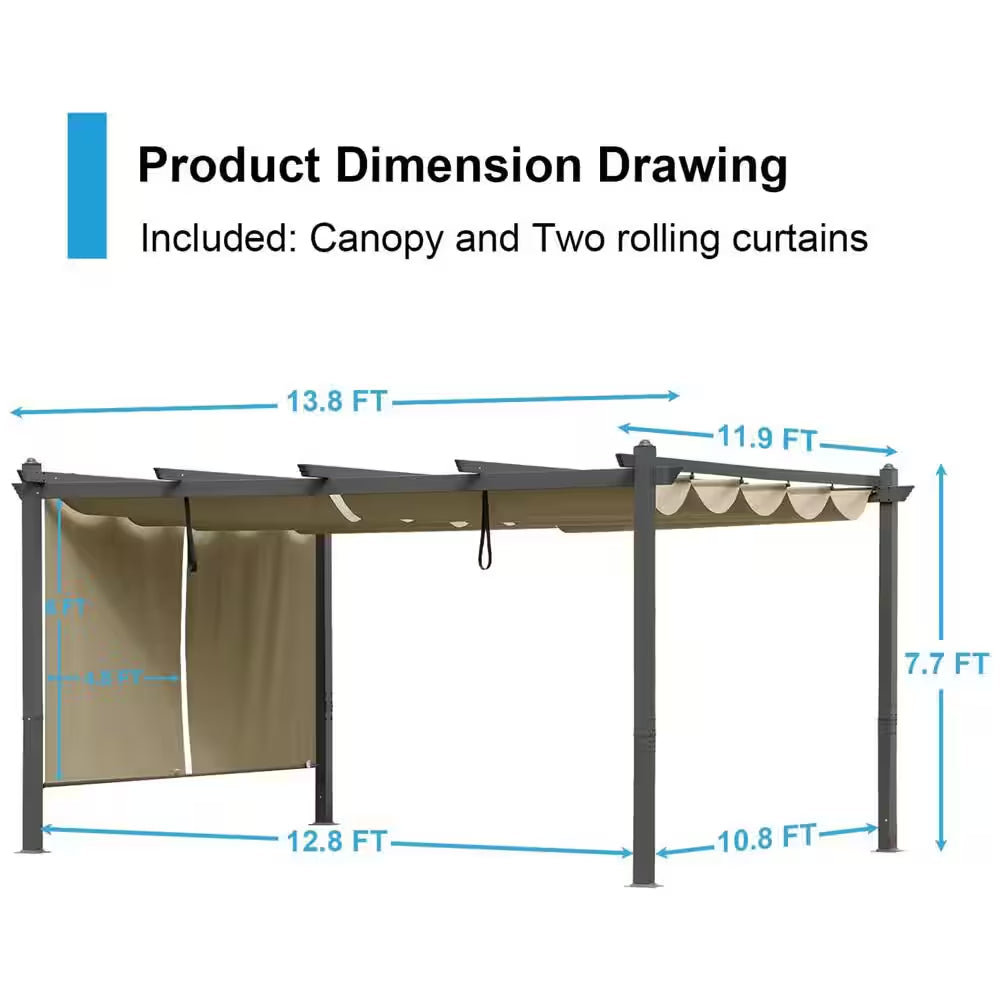 14 Ft. X 12 Ft. Gray Aluminum Frame Patio Pergola with Khaki Retractable Shade Top Canopy and 2-Pieces Roller Shade