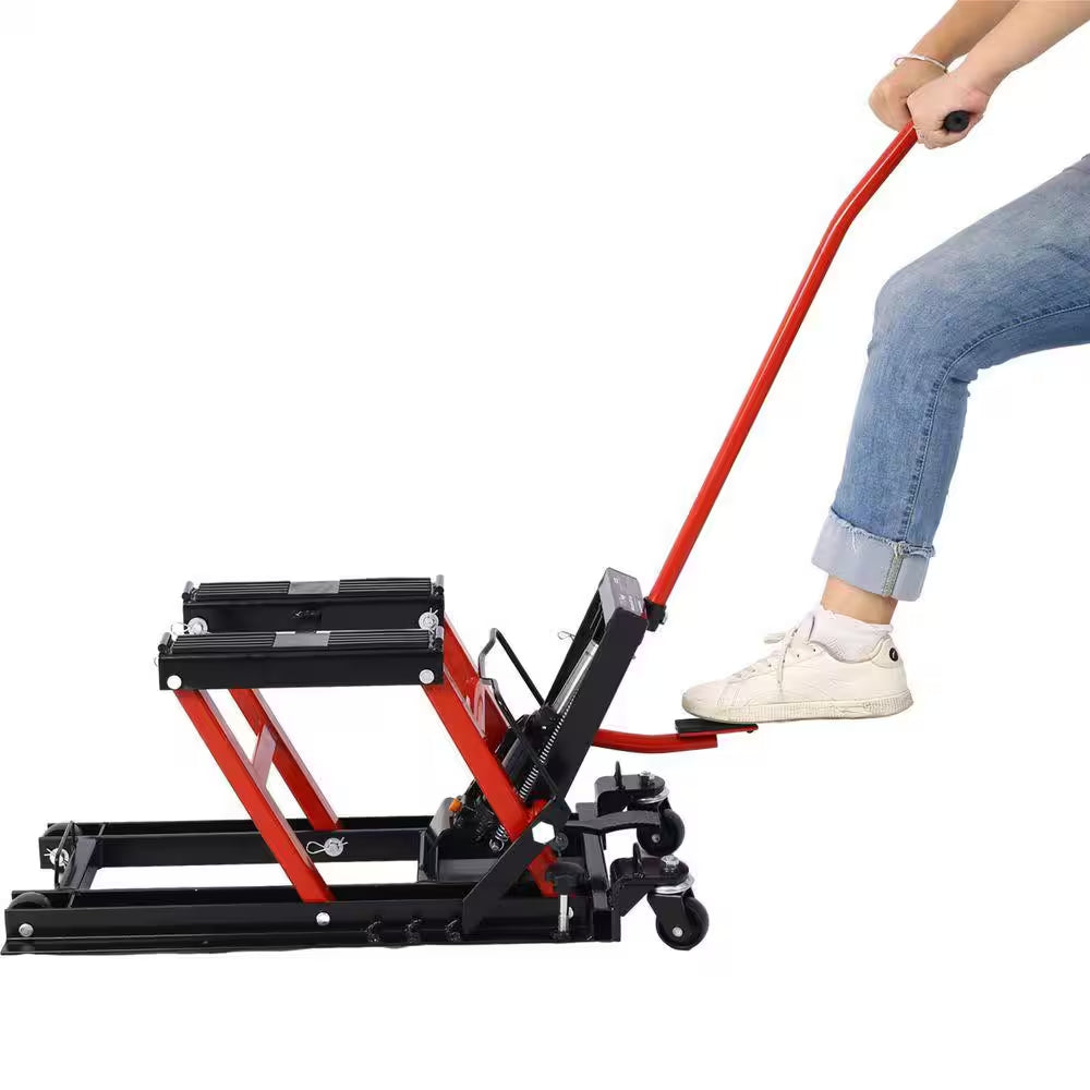 1500 LBS Capacity Red Hydraulic ATV & Motorcycle Jack with 4 Wheels, Foot-Operated Hoist Stand, Maximum Lift 15 In. H