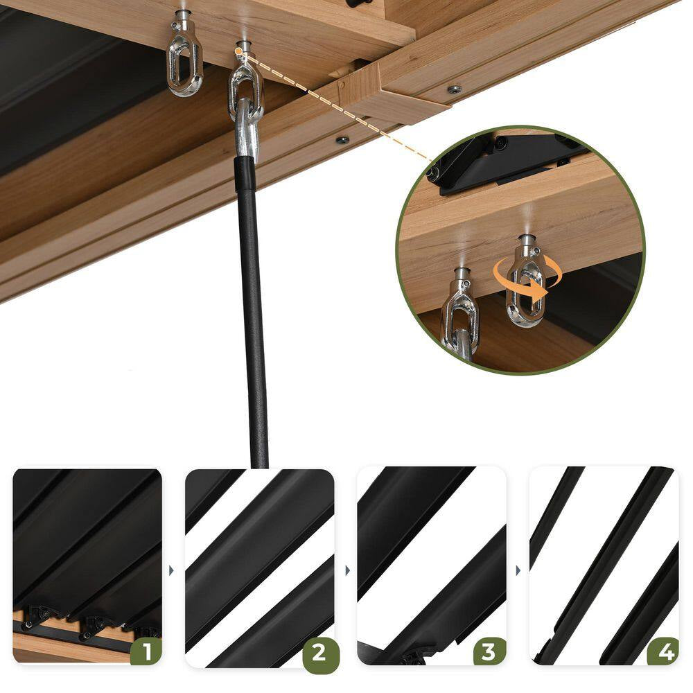10 Ft. X 13 Ft. Wood Grain Aluminum Louvered Pergola with Adjustable Roof and Khaki Curtains