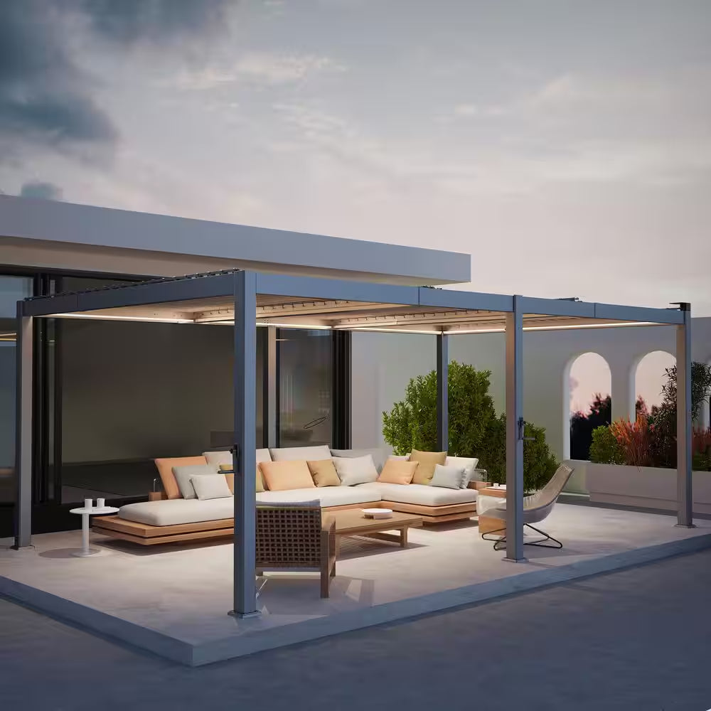 12 Ft. X 20 Ft. All-Aluminum Louvered Pergola with Adjustable Roof, Detachable LED Control Panel, Gray