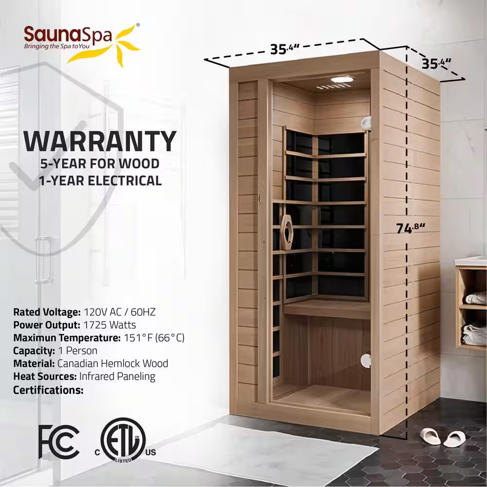 S13HD Series 1-Person Indoor Hemlock Wooden Infrared Saunas with Carbon FAR, LED Touch Control Panel and Heater