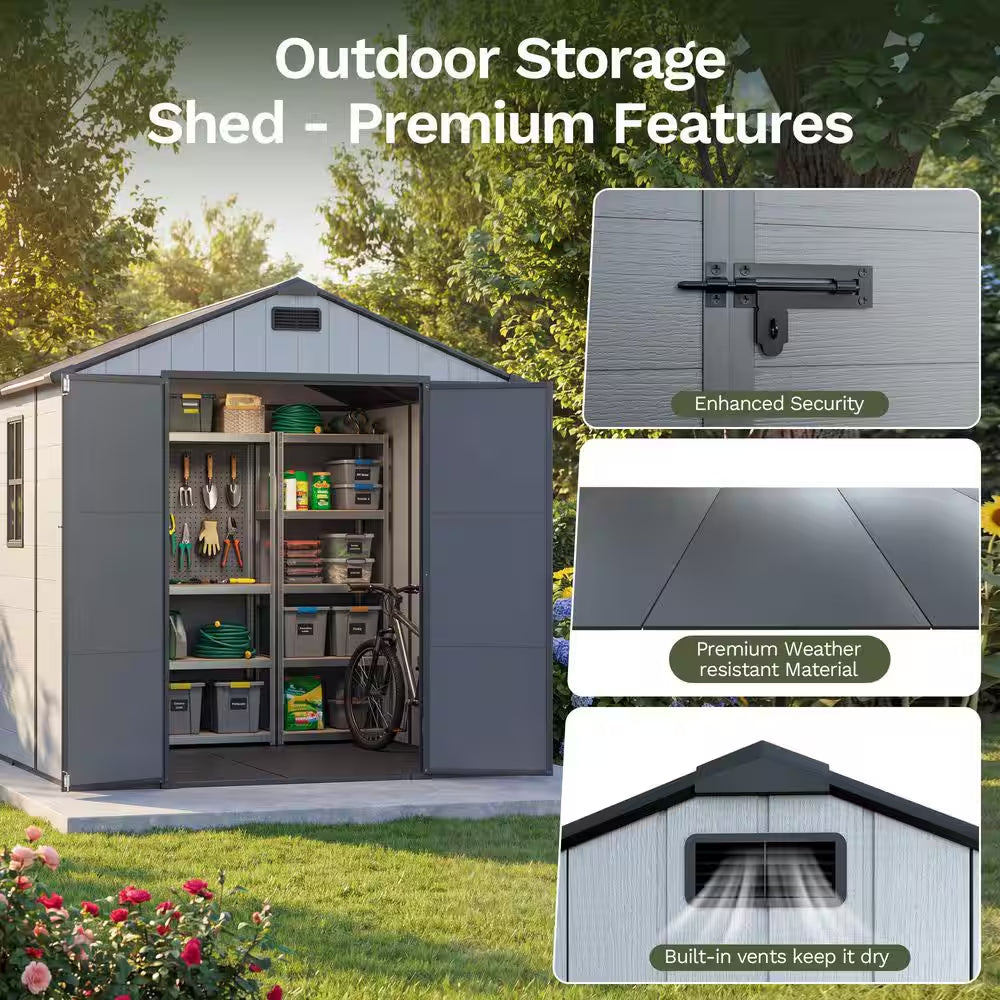 8 Ft. W X 10 Ft. D Plastic Outdoor Storage Resin Shed with Floor, outside Tool Shed with Lockable Door (80 Sq. Ft.)