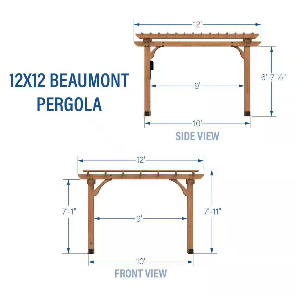 Beaumont 12 Ft. X 12 Ft. Light Brown Cedar Wood Outdoor Patio Pergola with Trellis Roof and Powerport