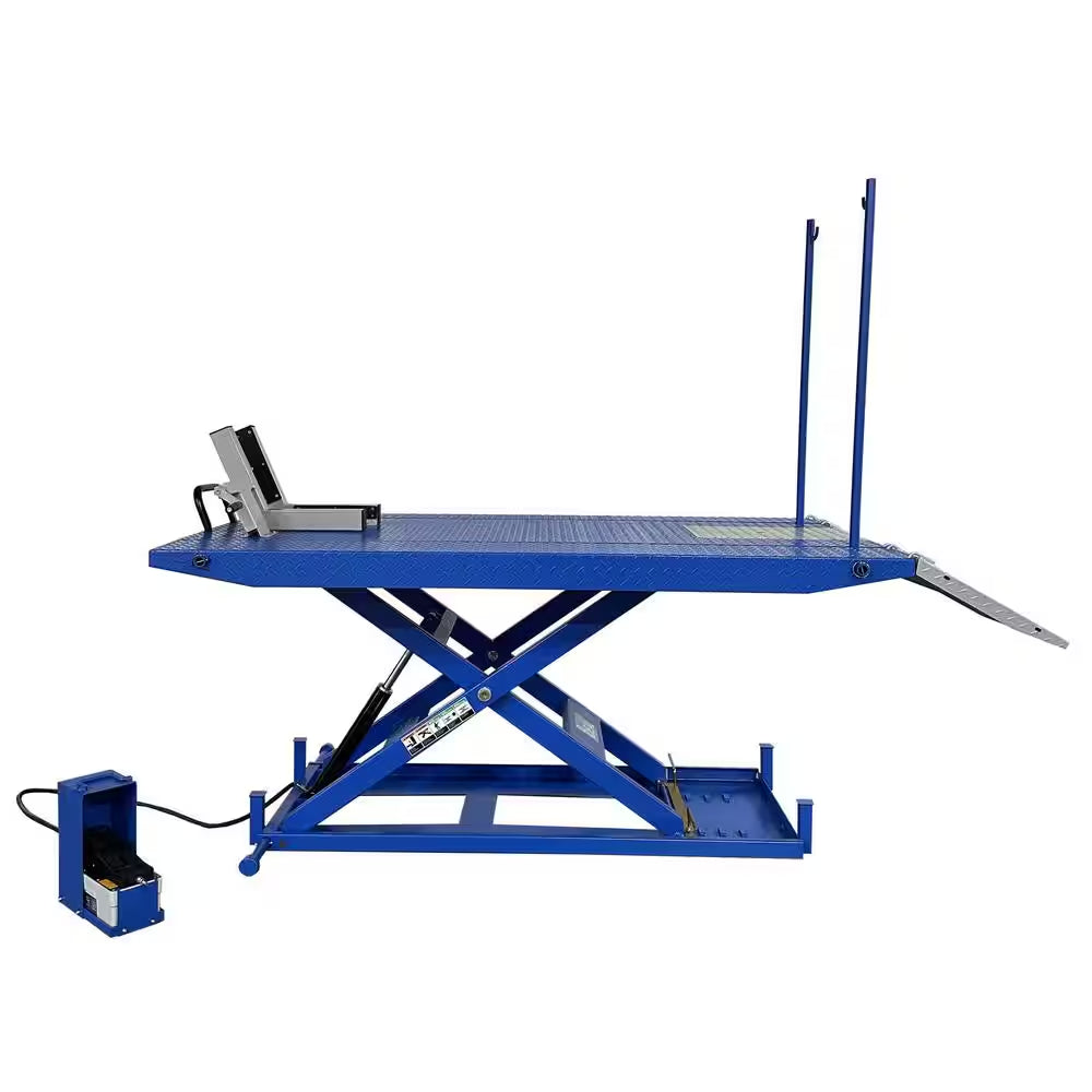 High Rise Motorcycle Lift Bench with Vise, Sides, Balance Bar, Pump 1,500 Lbs.