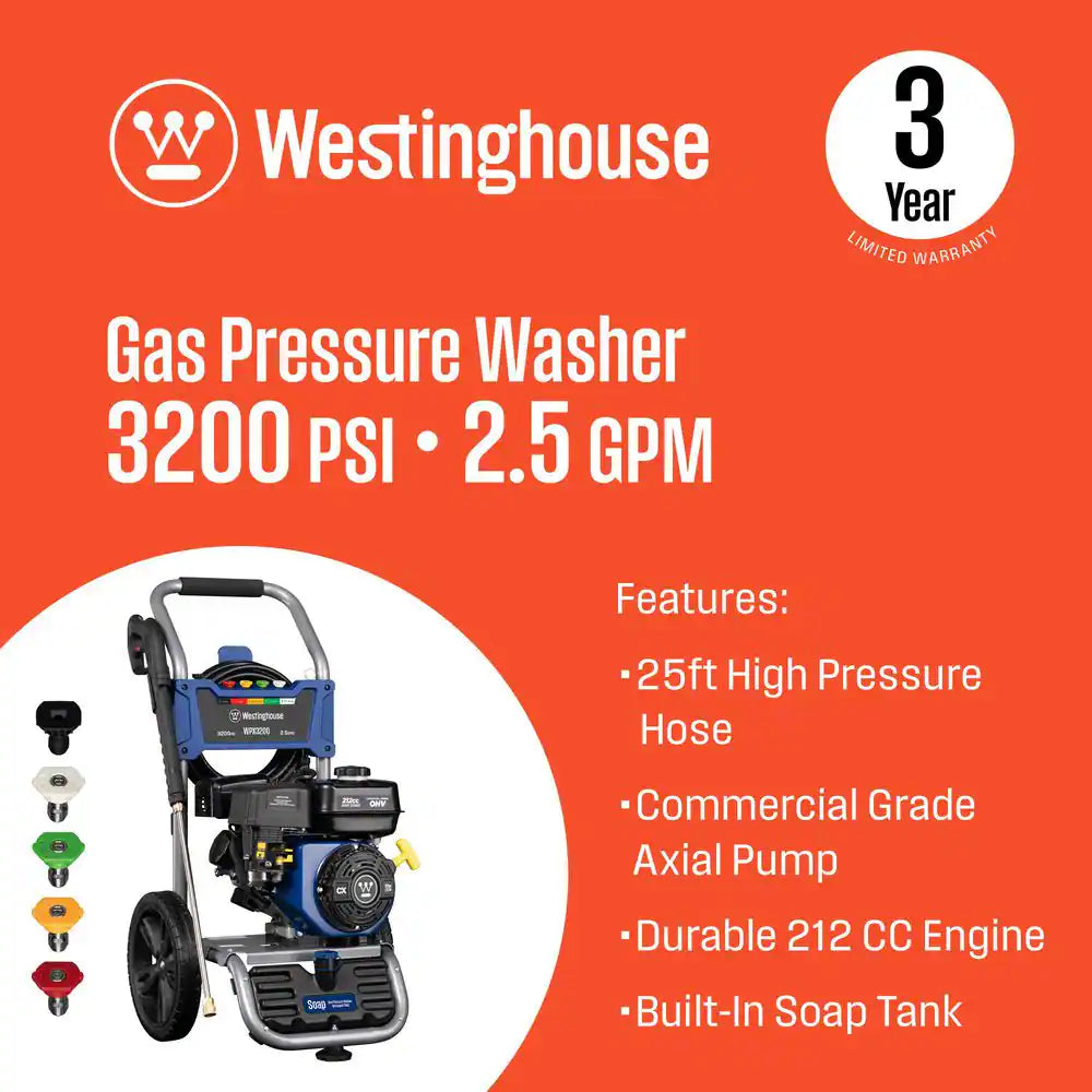 3200 PSI 2.5 GPM Gas Powered Axial Cam Pump Cold Water Pressure Washer with Soap Tank and 5 Quick Connect Tips