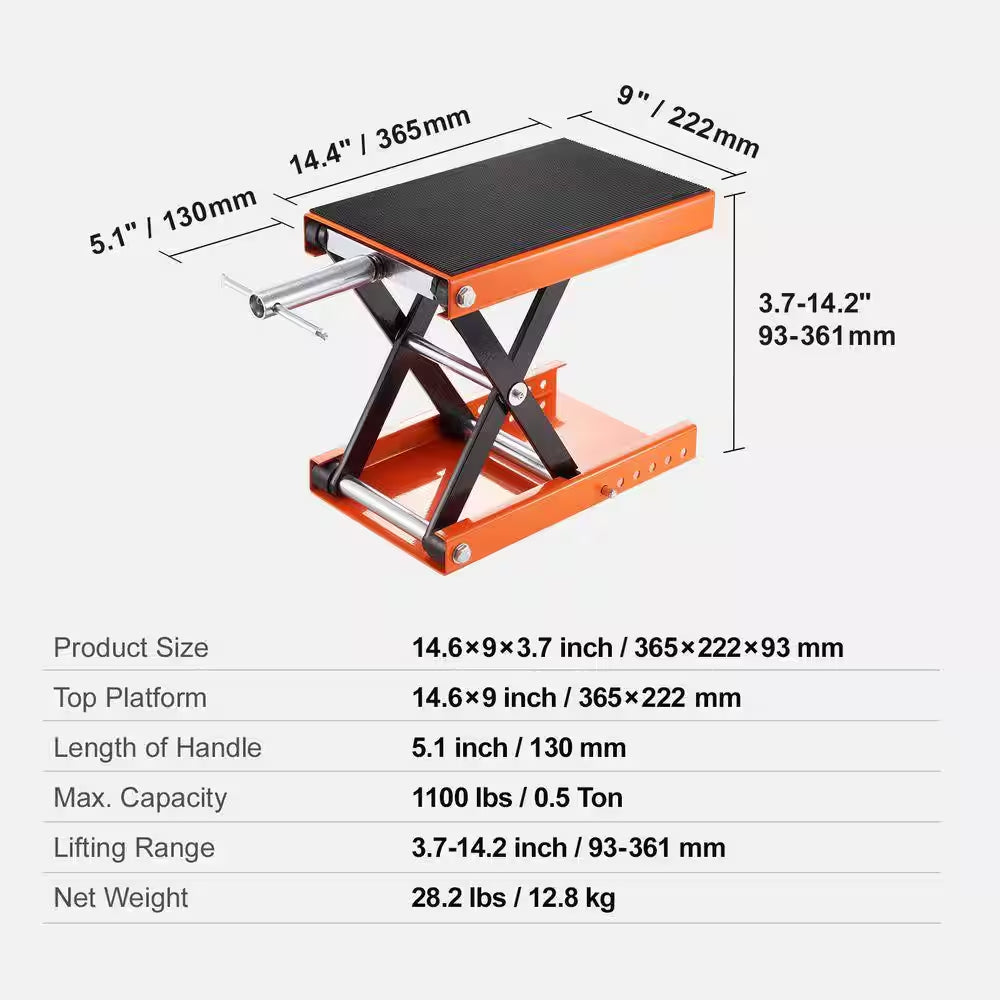 Motorcycle Lift 1100 Lbs. Motorcycle Scissor Lift Jack with Wide Deck and Safety Pin 3.7 In.-13.8 In. Hoist Crank Stand