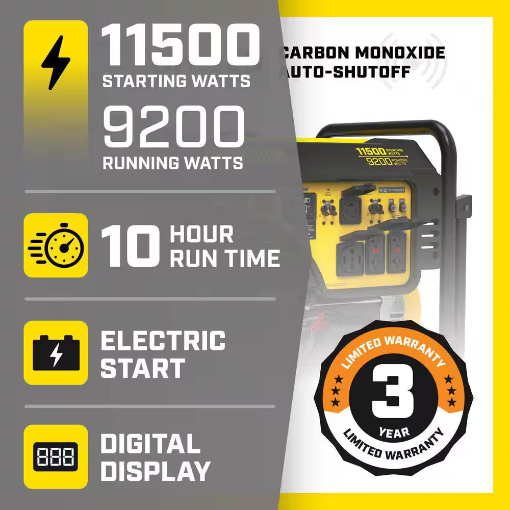11,500/9200-Watt Electric Start Gas Portable Generator with Free 3-Year Warranty for Home Backup and Storm Prep