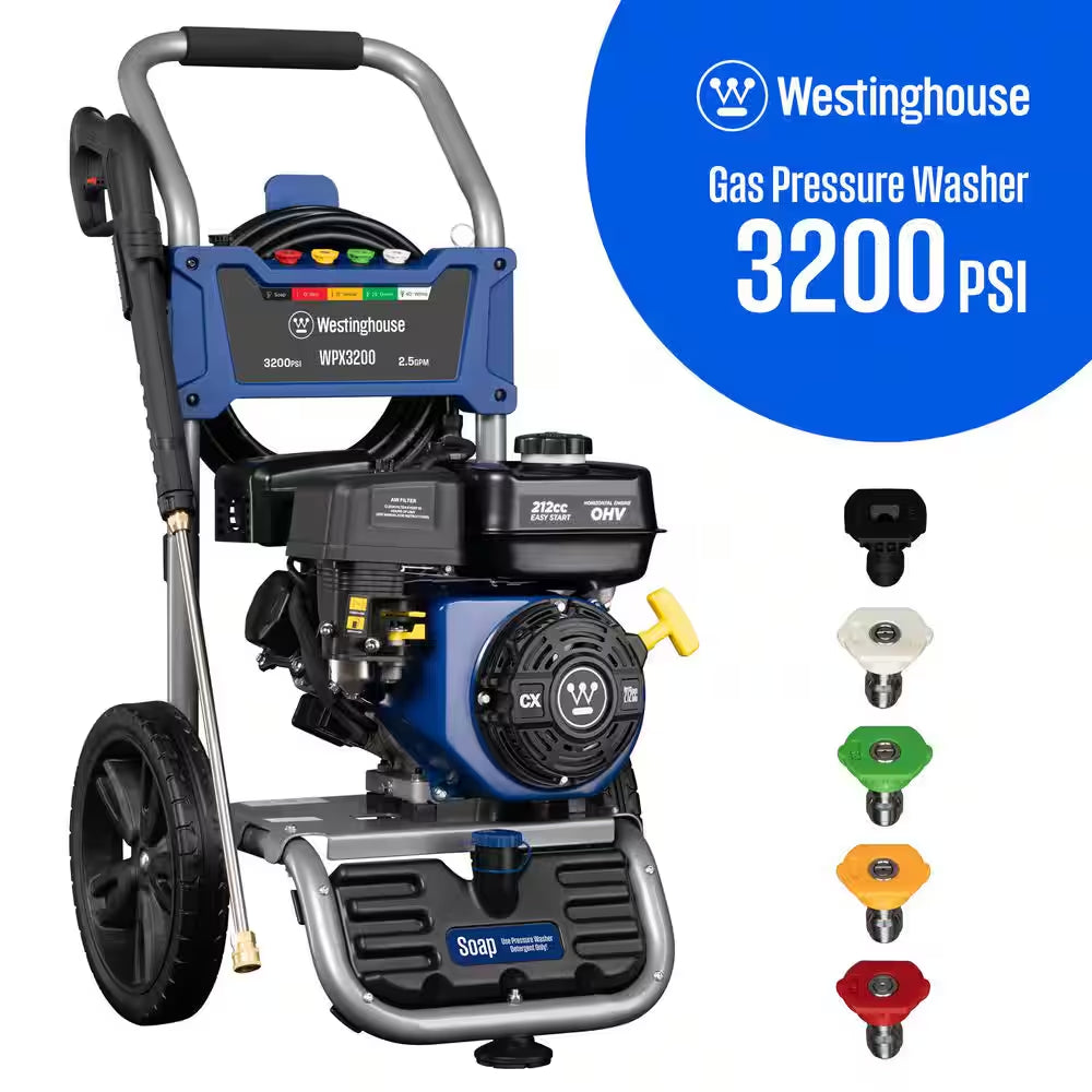 3200 PSI 2.5 GPM Gas Powered Axial Cam Pump Cold Water Pressure Washer with Soap Tank and 5 Quick Connect Tips