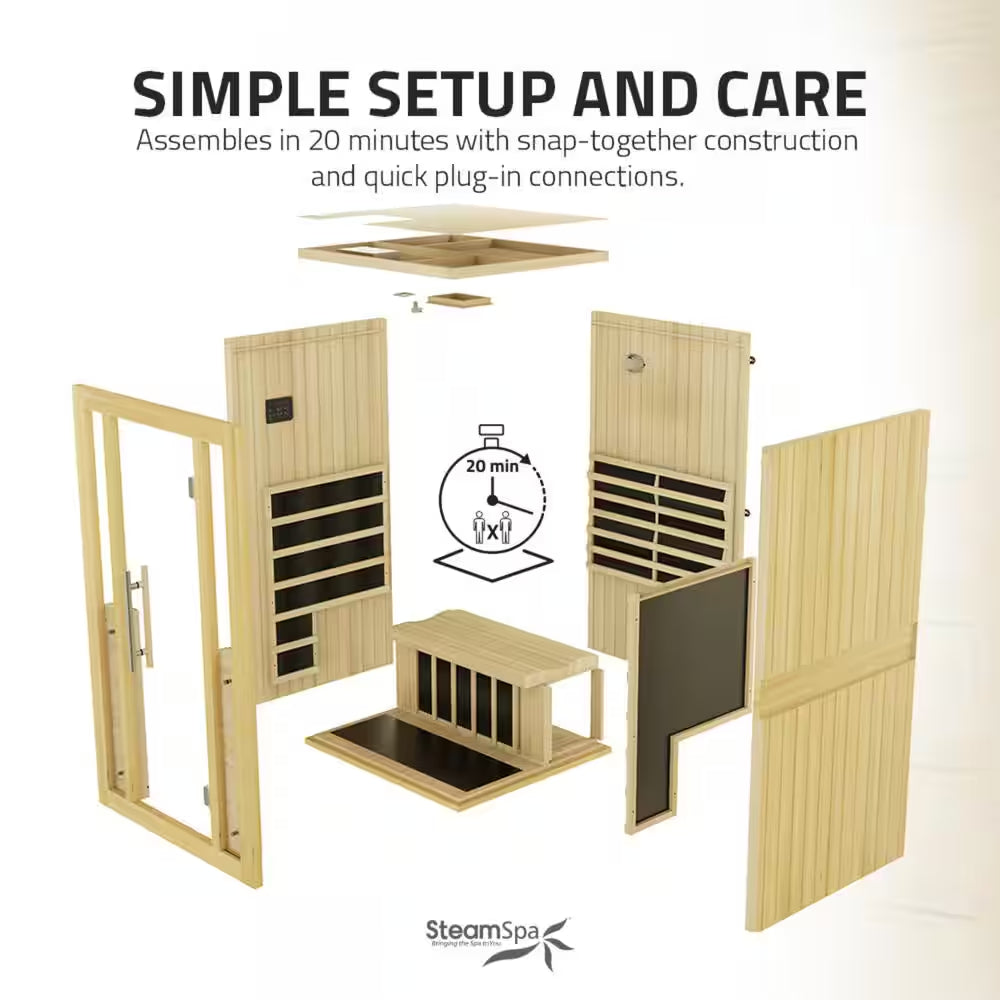 2-Person Indoor Hemlock Wood Carbon FAR Infrared Sauna with Redlight Heating Tube, Touch Control Panel and Bluetooth