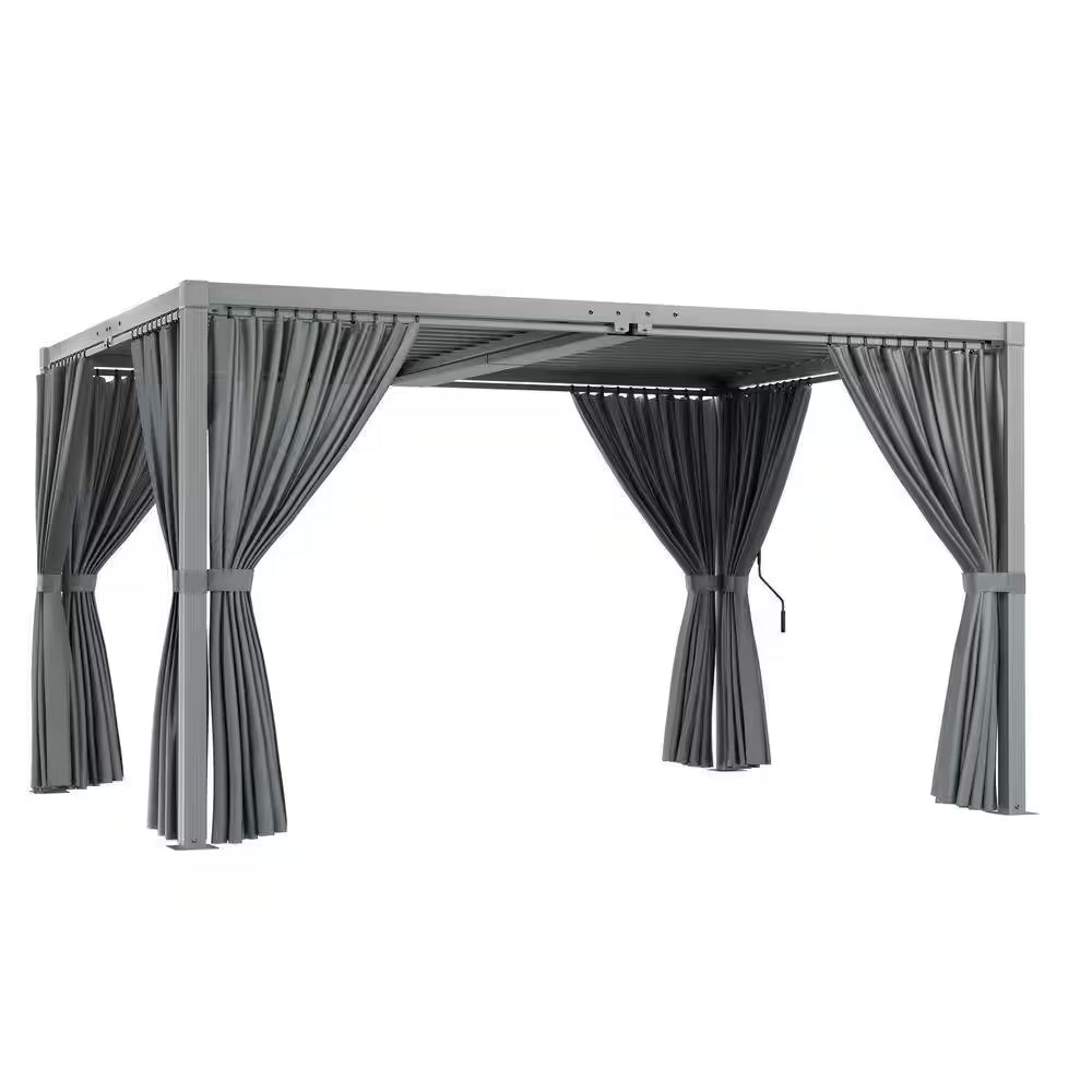 10 Ft. X 13 Ft. Gray Aluminum Louvered Pergola with Steel Roof and Curtains