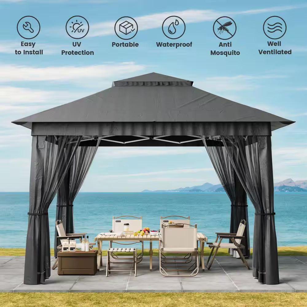 13 Ft. X 13 Ft. Pop up Gazebo Tent with Mosquito Netting, Outoor Canopy Tent for Lawn Backyard, Gray