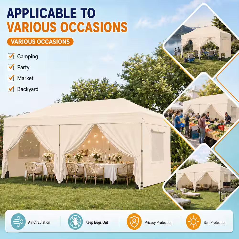 10 Ft. X 20 Ft. Beige Party Wedding Tent Pop-Up Canopy Tent Heavy-Duty with Mesh Windows, 3-Adjustable Height