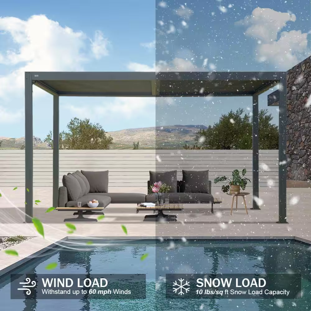 12 Ft. X 16 Ft. Dark Gray Outdoor Aluminum Rainproof Pergola with Curtains and Netting