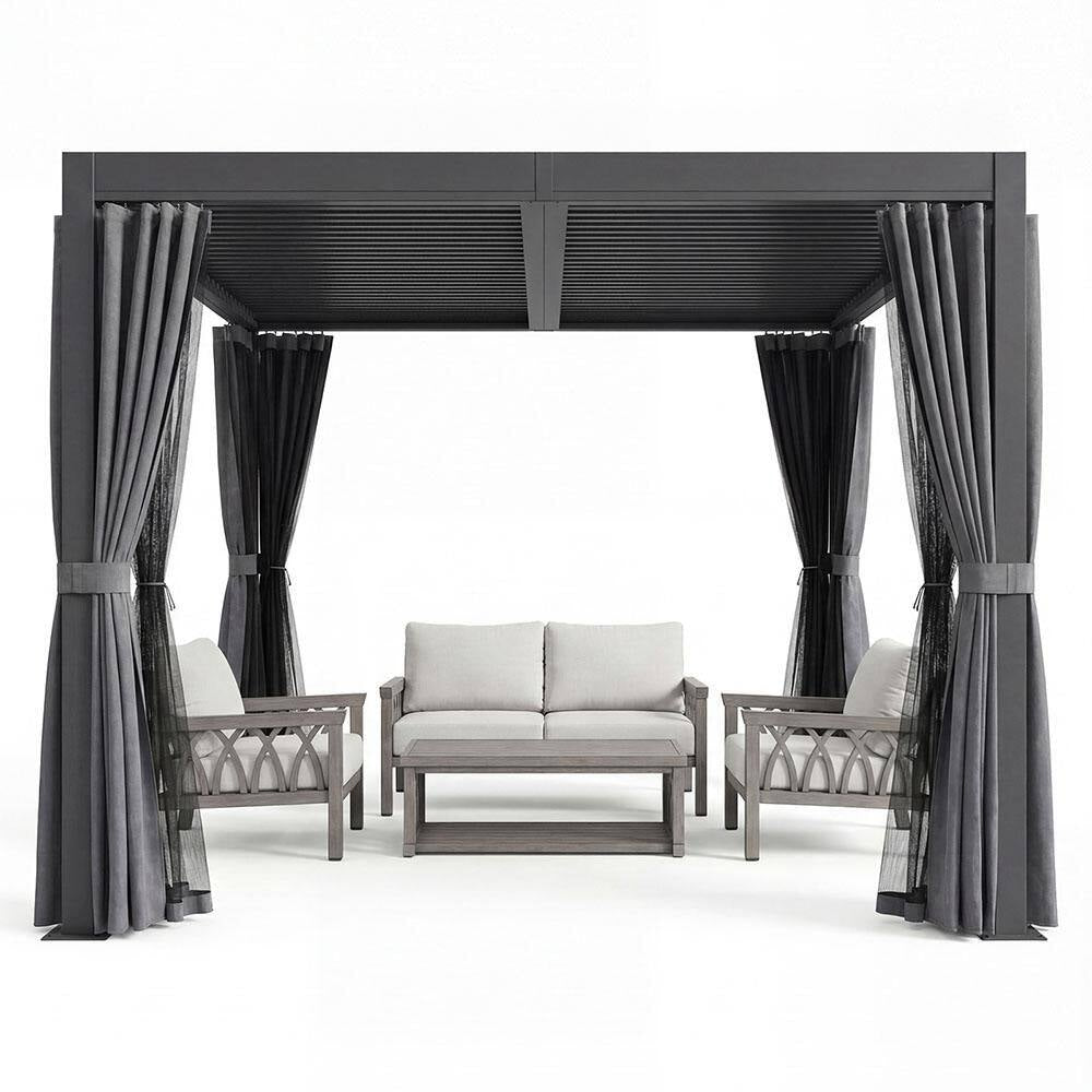 10 Ft. X 10 Ft. Grey All-Aluminum Outdoor Louvered Pergola with Adjustable Roof, Curtains and Netting
