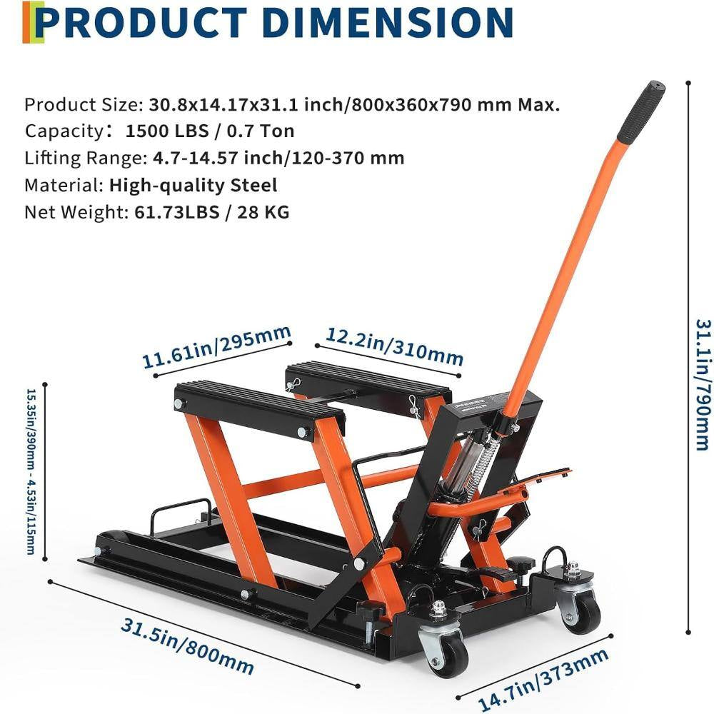 1500 Lbs Hydraulic Motorcycle Scissor Lift Jack, Heavy Duty Adjustable Lift Table with Foot Pedal & Wheels， Black&Orange