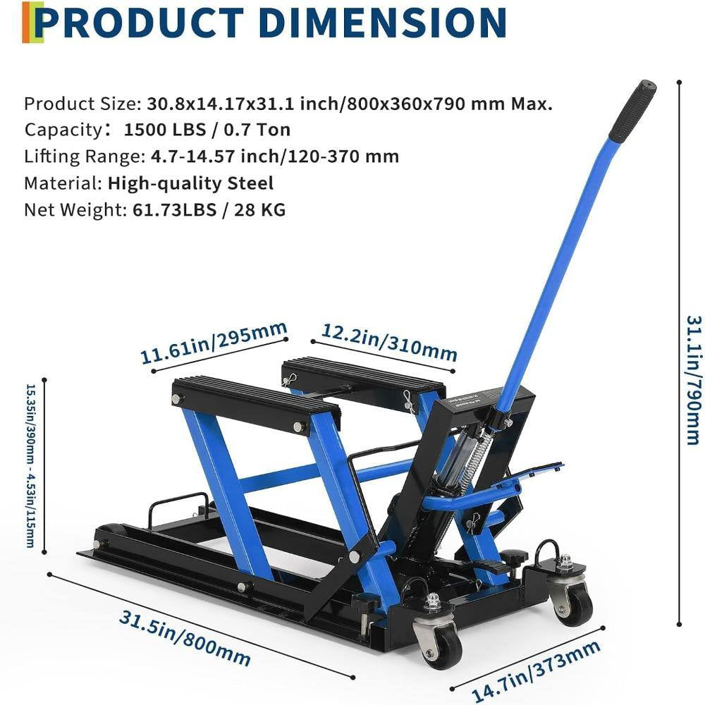1500 Lbs Hydraulic Motorcycle Scissor Lift Jack, Heavy Duty Adjustable Lift Table with Foot Pedal & Wheels， Blue