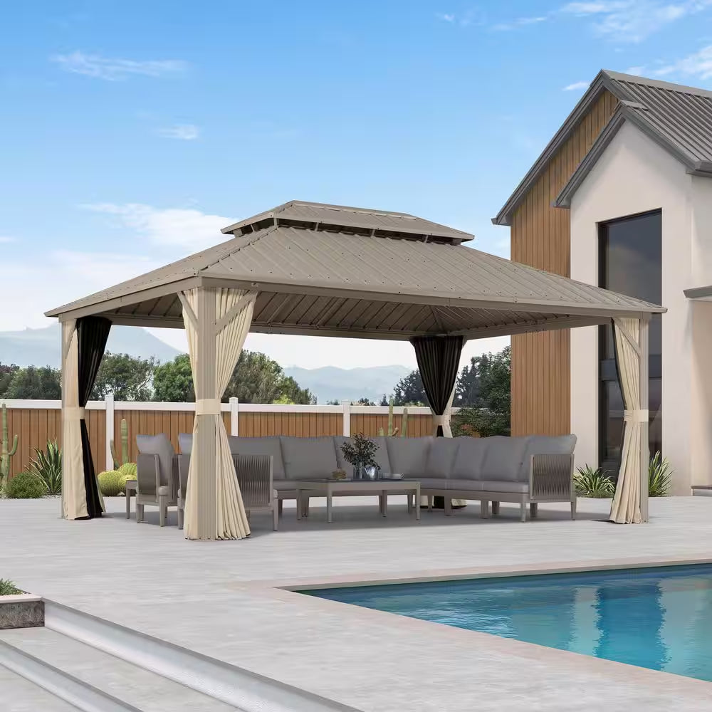 12 Ft. X 16 Ft. Champagne Aluminum Hardtop Gazebo Canopy with Galvanized Steel Double Roof, Curtains and Netting