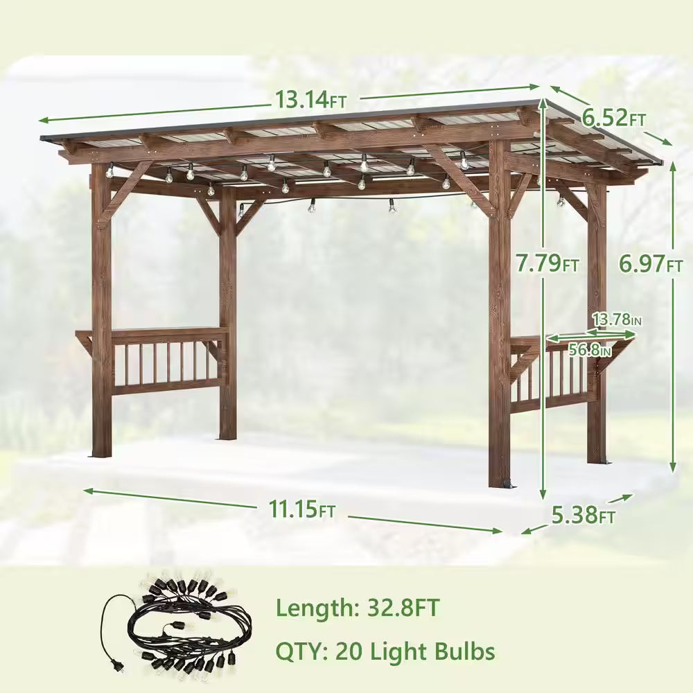 13 Ft. X 6.5 Ft. Brown Wooden Patio Pergola with Metal Roof Outdoor Garden Gazebo