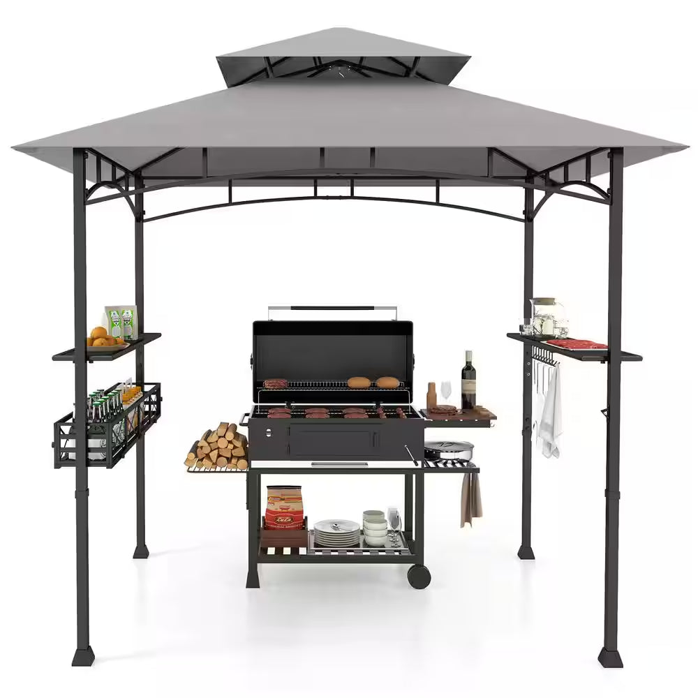 8 Ft. X 5 Ft. Gray Outdoor Grill Gazebo with 2 Side Shelves and 20 Hooks