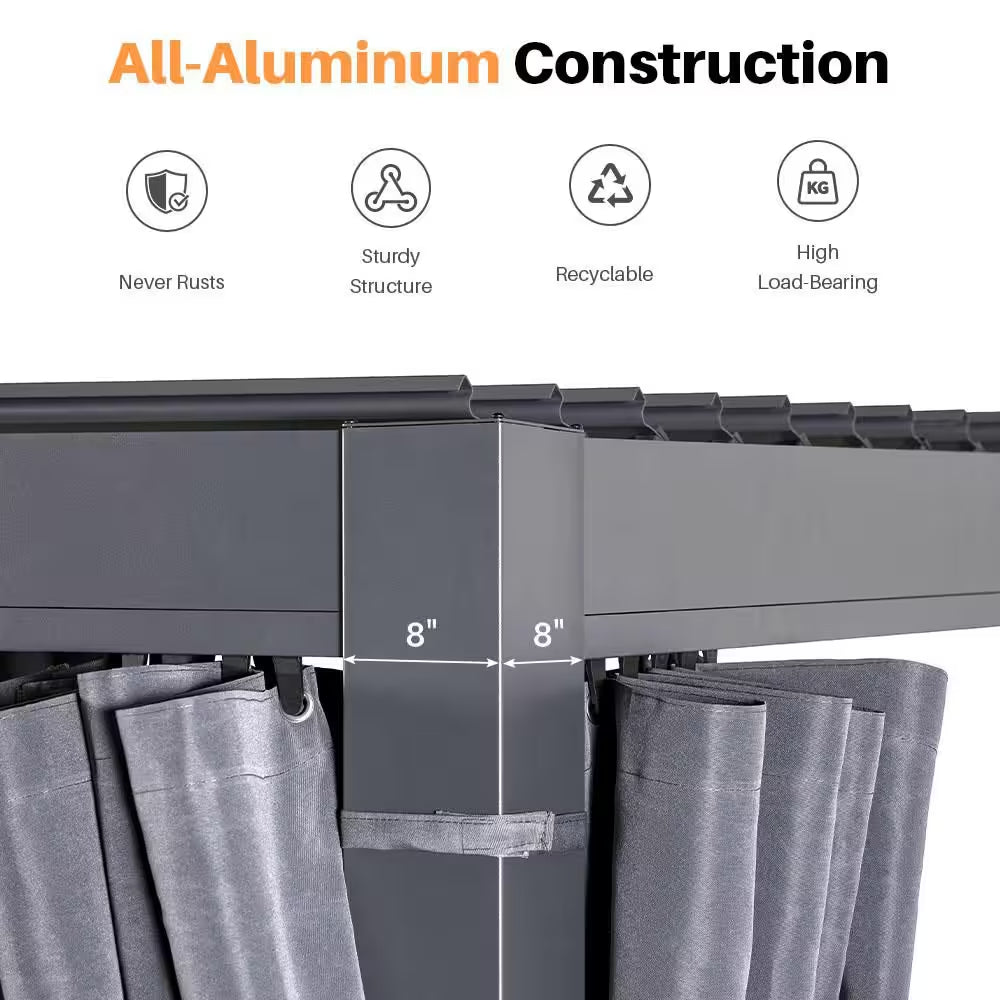 10 Ft. X 10 Ft. Grey All-Aluminum Outdoor Louvered Pergola with Adjustable Roof, Curtains and Netting
