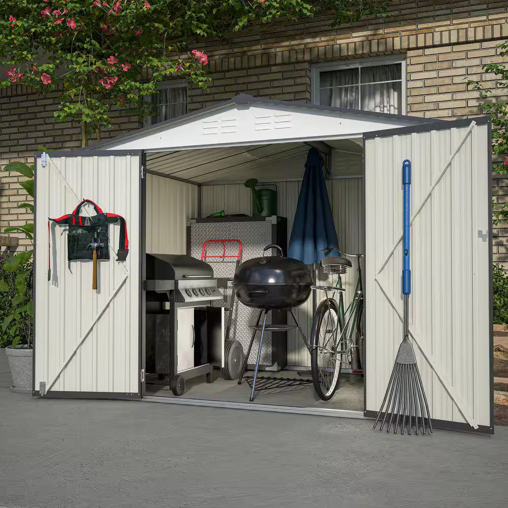 8 Ft.W X 6 Ft.D Outdoor Metal Storage Shed, Tool House with 2 Lockable Doors, Garden, Backyard, Lawn, White (49 Sq. Ft.)