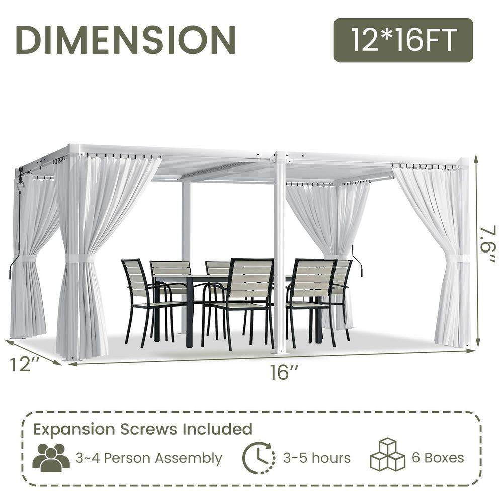 12 Ft. X 16 Ft. White Aluminum Louvered Pergola with Steel Roof and Curtains