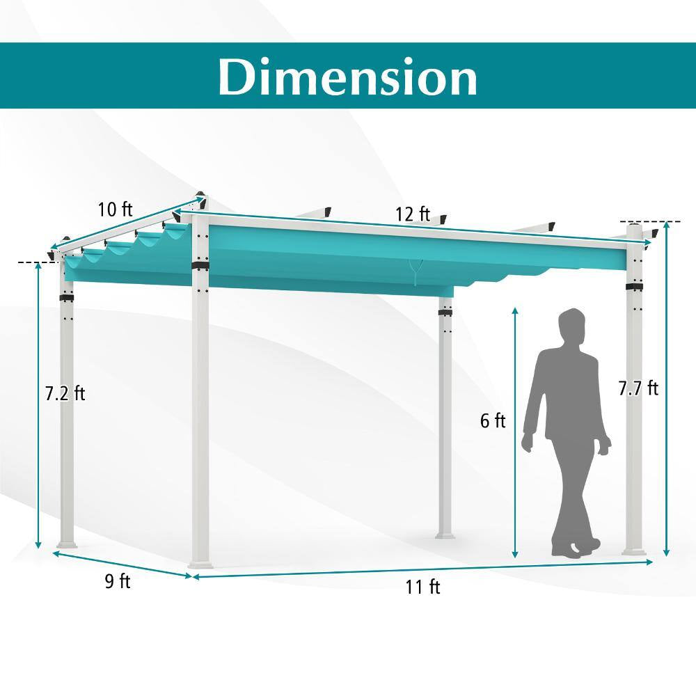 12 Ft. X 10 Ft. Aluminum Patio Pergola with Retractable Polyester Canopy and Locking Hooks, Turquoise