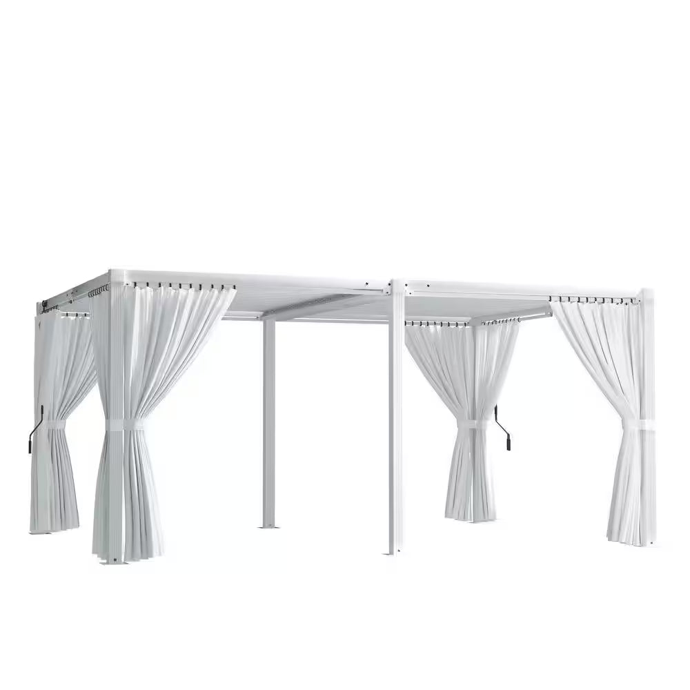 12 Ft. X 16 Ft. White Aluminum Louvered Pergola with Steel Roof and Curtains