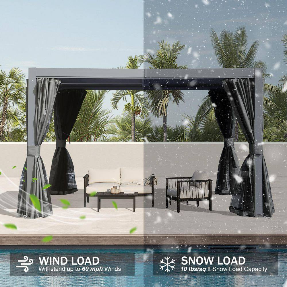 12 Ft. X 10 Ft. Aluminum Pergola with Louvered Roof and Drainage System, Gray