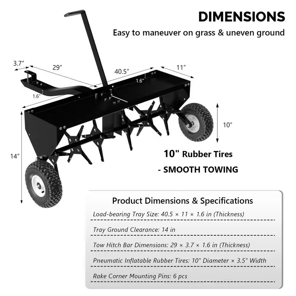 40" Tow‑Behind Lawn Dethatcher with Universal Hitch, Tray & Inflatable Wheels for Garden & Farm, Black