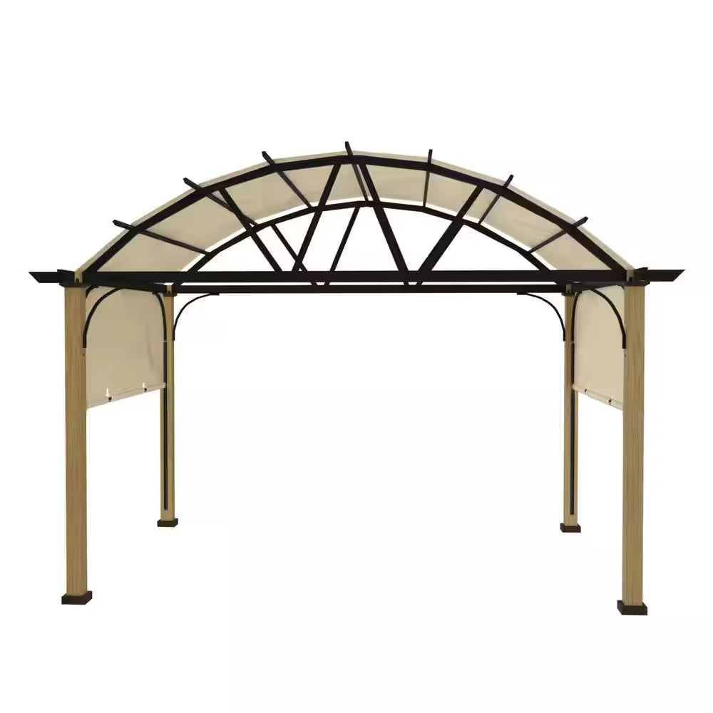 10 Ft. X 13 Ft. Aluminum Outdoor Pergola with Wood Grain Finish, Arched Canopy and Beige Retractable Shade