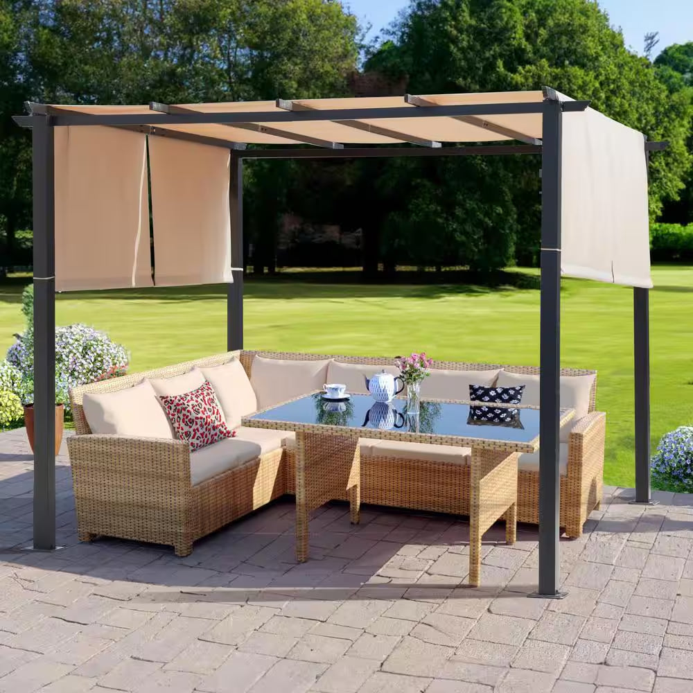 10 Ft. X 10 Ft. Flat Beige Top Outdoor Pergola Canopy with Adjustable and Retractable Canopy