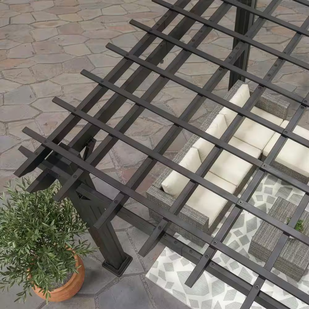 Stratford 16 Ft. X 12 Ft. Black Galvanized Steel Traditional Outdoor Patio Pergola with Trellis Roof